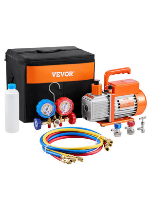 3.5 CFM AC Vacuum Pump and Gauge Set, Single Stage Rotary Vane HVAC Air Vacuum Pump, A/C Refrigerant Manifold Gauge Kit, with Hoses, Air Conditioning Refrigeration for R134a, R12, R22, R502a