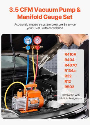 3.5 CFM AC Vacuum Pump and Gauge Set, Single Stage Rotary Vane HVAC Air Vacuum Pump, A/C Refrigerant Manifold Gauge Kit, with Hoses, for R134a, R12, R22, R502a, R410A, R404, R407C Refrigerants