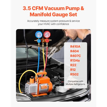 3.5 CFM AC Vacuum Pump and Gauge Set, Single Stage Rotary Vane HVAC Air Vacuum Pump, A/C Refrigerant Manifold Gauge Kit, with Hoses, for R134a, R12, R22, R502a, R410A, R404, R407C Refrigerants