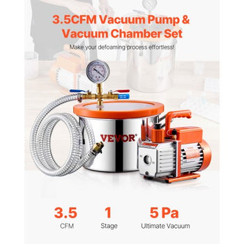 1.5 Gallon Vacuum Chamber and 3.5 CFM Pump Kit, Stainless Steel Chamber, Single Stage Vacuum Pump Degassing Chamber Kit, with Acrylic Lid, Oil, 4.92 ft Hose, for Degassing Resin Silicone Epoxies