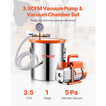 5 Gallon Vacuum Chamber and 3.5 CFM Pump Kit, Stainless Steel Chamber, Single Stage Vacuum Pump Degassing Chamber Kit, with Acrylic Lid, Oil, 4.92 ft Hose, for Degassing Resin Silicone Epoxies