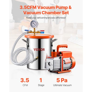 3 Gallon Vacuum Chamber and 3.5 CFM Pump Kit, Stainless Steel Chamber, Single Stage Vacuum Pump Degassing Chamber Kit, with Acrylic Lid, Oil, 4.92 ft Hose, for Degassing Resin Silicone Epoxies