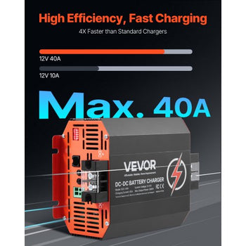 12V 40A DC to DC Battery Charger, 500W, On-Board Battery Charger for Lead-Acid, Lithium, AGM, GEL, and Flooded Batteries, Smart Multi-Stage Charging, for RVs, Commercial Vehicles, Boats, Yachts