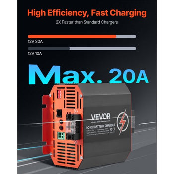 12V 20A DC to DC Battery Charger, 250W, On-Board Battery Charger for Lead-Acid, Lithium, AGM, GEL, and Flooded Batteries, Smart Multi-Stage Charging, for RVs, Commercial Vehicles, Boats, Yachts