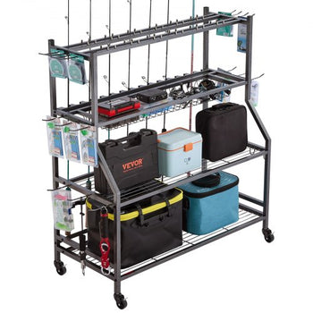 Fishing Rod Holder for 15-Rods, Mobile Fishing Pole Rack Cart with Wheels, Fish Gear Equipment Organizer for Garage Home Indoor Use, for Tackle Box Reel Accessories Storage, Gifts for Men
