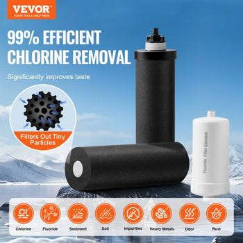 Gravity-fed Water Filter System, 2.25G 304 Stainless-Steel Countertop Filtration System, Reduces Lead and up to 99% of Chlorine, with 2 Activated Carbon Filter, 2 Defluorination Filter, Spigot