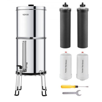 Gravity-fed Water Filter System, 2.25G 304 Stainless-Steel Countertop Filtration System, Reduces Lead and up to 99% of Chlorine, with 2 Activated Carbon Filter, 2 Defluorination Filter, Spigot