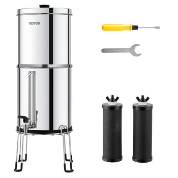 Gravity-fed Water Filter System, 2.25G 304 Stainless-Steel Countertop System, Water Filtration System, Reduces Lead and up to 99% of Chlorine, with 2 Carbon Filters, Water Level  Spigot, Stand