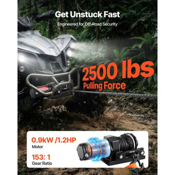 2500 lbs Electric Winch, 12V DC ATV/UTV Winch with ?0.19 in x 39.4 ft Synthetic Rope & Wired Remote Control, IP55 Waterproof, Aluminum Housing Fairlead Mount Plate for Towing ATV, Black