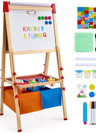 Art Easel for Kids, 3-in-1 Wooden Double-Sided Kid's Art Easel with Magnetic Whiteboard, Chalkboard, Paper Roll, Adjustable Standing Drawing Board with Painting Accessories, Storage for Boy Girl