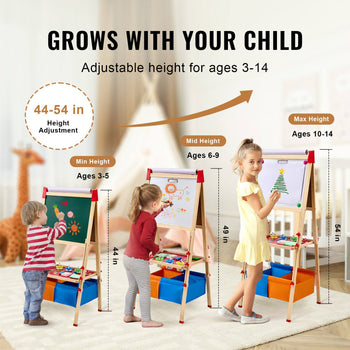 Art Easel for Kids, 3-in-1 Wooden Double-Sided Kid's Art Easel with Magnetic Whiteboard, Chalkboard, Paper Roll, Adjustable Standing Drawing Board with Painting Accessories, Storage for Boy Girl
