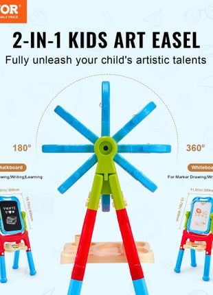 Art Easel for Kids, 2-in-1 Double-Sided Kid's Art Easel with Magnetic Whiteboard & Chalkboard, Adjustable Standing Rotatable Removable Drawing Board with Painting Accessories for Boys and Girls