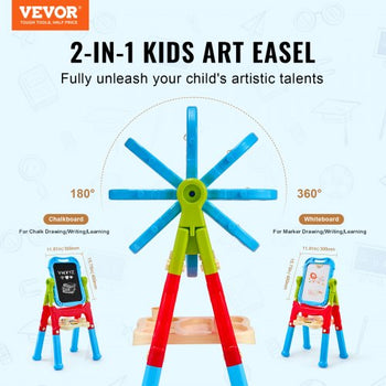 Art Easel for Kids, 2-in-1 Double-Sided Kid's Art Easel with Magnetic Whiteboard & Chalkboard, Adjustable Standing Rotatable Removable Drawing Board with Painting Accessories for Boys and Girls