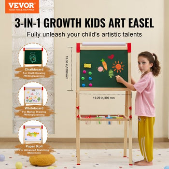 Art Easel for Kids, 3-in-1 Wooden Double-Sided Kid's Art Easel with Magnetic Whiteboard, Chalkboard & Paper Roll, Adjustable Standing Drawing Board with Painting Accessories for Boys and Girls