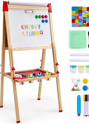 Art Easel for Kids, 3-in-1 Wooden Double-Sided Kid's Art Easel with Magnetic Whiteboard, Chalkboard & Paper Roll, Adjustable Standing Drawing Board with Painting Accessories for Boys and Girls