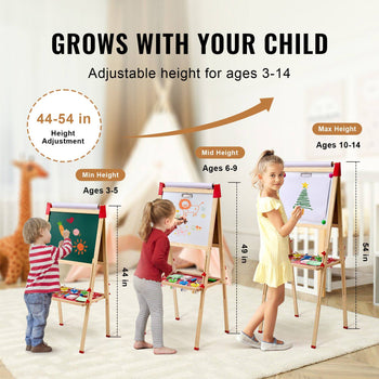 Art Easel for Kids, 3-in-1 Wooden Double-Sided Kid's Art Easel with Magnetic Whiteboard, Chalkboard & Paper Roll, Adjustable Standing Drawing Board with Painting Accessories for Boys and Girls