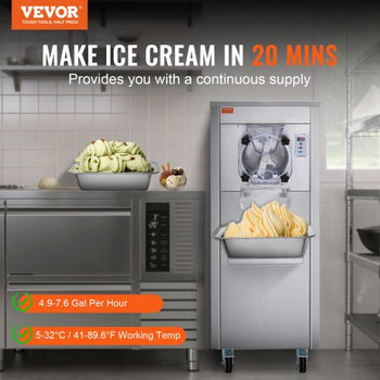 Ice Cream Maker for Commercial Use, Produces 18 Liters per Hour, 1780W, Offers Single Flavor, Equipped with Wheels, 6L Stainless Cylinder, LED Display, Automatic Cleaning & Pre-cooling Functi