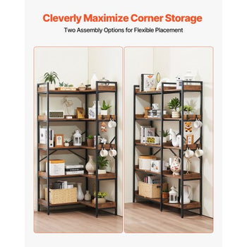 5 Tier Corner Bookshelf with 4 Hooks, 65.4" Tall Corner Bookcase with Heavy Duty Metal Frame & Wooden Shelves, Industrial L Shaped Corner Display Shelf for Bedroom, Living Room, Office