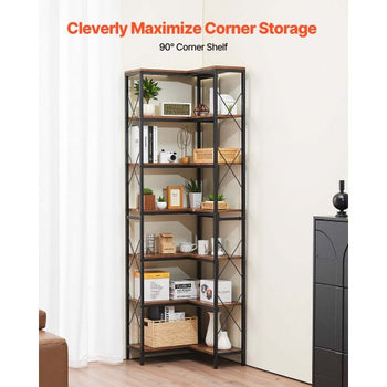7 Tier Corner Bookshelf, 79" Tall Corner Bookcase with Heavy Duty Metal Frame & Wooden Shelves, Industrial Reversible L Shaped Corner Display Shelf for Bedroom, Living Room, Office