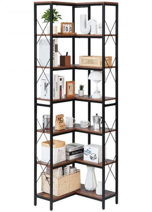 7 Tier Corner Bookshelf, 79" Tall Corner Bookcase with Heavy Duty Metal Frame & Wooden Shelves, Industrial Reversible L Shaped Corner Display Shelf for Bedroom, Living Room, Office