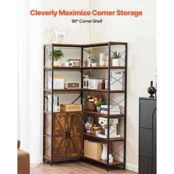 6 Tier Corner Bookshelf, 70" Tall Corner Bookcase with Storage Cabinet, 2 Barn Doors & 10 Storage Shelves, Farmhouse L Shaped Corner Display Shelf for Bedroom, Living Room, Office