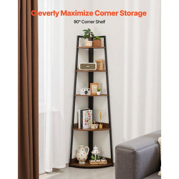 5 Tier Corner Shelf, 70" Tall Corner Bookshelf with Metal Frame & Wooden Shelves, Industrial Corner Ladder Shelf for Living Room, Bedroom, Office, Rustic Brown