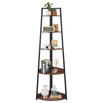 5 Tier Corner Shelf, 70" Tall Corner Bookshelf with Metal Frame & Wooden Shelves, Industrial Corner Ladder Shelf for Living Room, Bedroom, Office, Rustic Brown