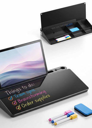 Desktop Glass Dry Erase Board 15.8 x 7.1 x 1.9 in Desk Whiteboard, Compartment Storage, Non-Slip Bottom, Ergonomic Angled Design, Desktop Organizer for Office, Home, School Supplies, Black