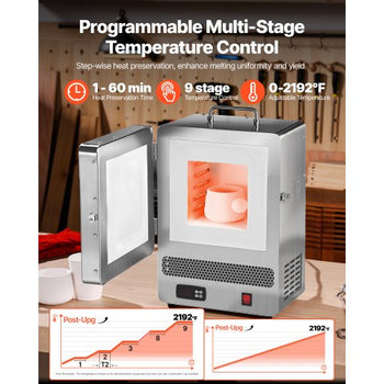 Tabletop Kiln Melter, 1500W Electric Kiln, 2192? Max Temperature, Stainless Steel, Programmable Gold Melting Furnace for Wax Casting, Clay DIY, Metal Tempering, Glazing on Pottery, Silver