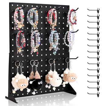 Pegboard Display Stand, 17 x 13 Inch Tabletop Pegboard Display Stand with 15 Hooks, Thickened Cold-Rolled Steel Peg Board Panel for Grocery, Retail Store and Jewelry Shop, Black (1 PCS)