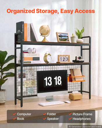 Desktop Bookshelf 3-Tier Countertop Storage Hutch with Grid Black, for Computer Desk, Metal Frame and Wooden Shelf, with Non-Slip Feet Pads, Desk Hutch Storage Organizer for Dorm, Home, Office
