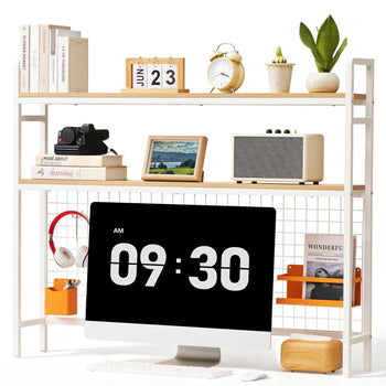 Desktop Bookshelf 3-Tier Countertop Storage Hutch with Grid White, for Computer Desk, Metal Frame and Wooden Shelf, with Non-Slip Feet Pads, Desk Hutch Storage Organizer for Dorm, Home, Office