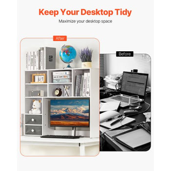 Desktop Bookshelf, 3-Tier Desktop Storage Organizer, 37" x 10" x 31.1" Office Storage Rack Wood Display Shelf, Desktop Bookshelf Hutch with Two Fabric Drawers, for Office, Home & Dorm, White