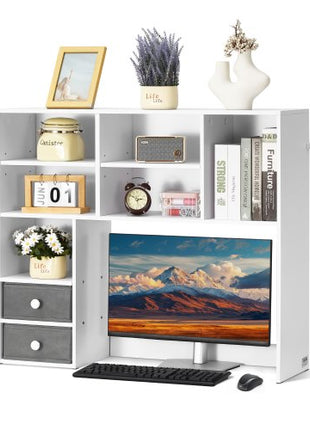 Desktop Bookshelf, 3-Tier Desktop Storage Organizer, 37" x 10" x 31.1" Office Storage Rack Wood Display Shelf, Desktop Bookshelf Hutch with Two Fabric Drawers, for Office, Home & Dorm, White