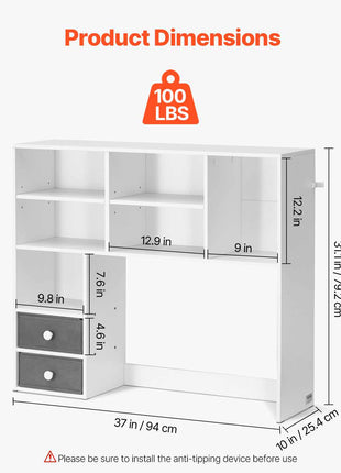 Desktop Bookshelf, 3-Tier Desktop Storage Organizer, 37" x 10" x 31.1" Office Storage Rack Wood Display Shelf, Desktop Bookshelf Hutch with Two Fabric Drawers, for Office, Home & Dorm, White