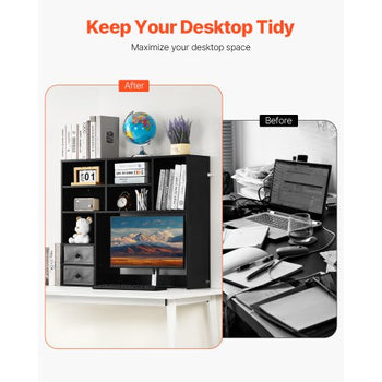 Desktop Bookshelf, 3-Tier Desktop Storage Organizer, 37" x 10" x 31.1" Office Storage Rack Wood Display Shelf, Desktop Bookshelf Hutch with Two Fabric Drawers, for Office, Home & Dorm, Black