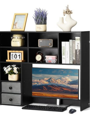 Desktop Bookshelf, 3-Tier Desktop Storage Organizer, 37" x 10" x 31.1" Office Storage Rack Wood Display Shelf, Desktop Bookshelf Hutch with Two Fabric Drawers, for Office, Home & Dorm, Black