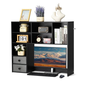 Desktop Bookshelf, 3-Tier Desktop Storage Organizer, 37" x 10" x 31.1" Office Storage Rack Wood Display Shelf, Desktop Bookshelf Hutch with Two Fabric Drawers, for Office, Home & Dorm, Black