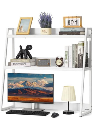 Desktop Bookshelf, 2-Tier Desktop Storage Organizer, 37.4" x 12.6" x 35.4" Office Desk Storage Rack Display Shelf, Desktop Bookshelf Hutch with Anti-Slip Feet Pads, for Office, Home & Dorm, White