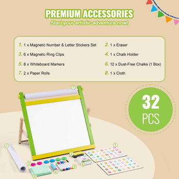 Tabletop Art Easel for Kids, 3-in-1 Wooden Double-Sided Kid's Art Easel with Magnetic Whiteboard, Chalkboard, Paper Roll, Foldable Portable Drawing Board with Painting Accessories for Boys Girls