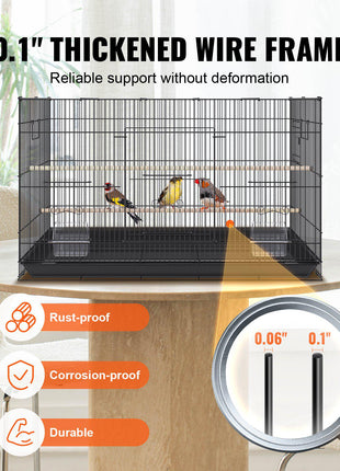 Black wire bird cage with 0.1" thick frame, rust-proof and durable, ideal for bird owners seeking reliable support.