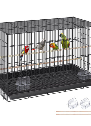 Large black metal bird cage with wooden perches, ideal for parakeets and other small birds. Includes two plastic food dishes.