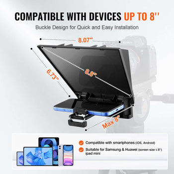 Teleprompter, 8" Aluminum Alloy, Desktop Prompter with Adjustable Spectroscope, Remote Control, for YouTube, Twitch, Zoom, Supports DSLR/Webcam/Smartphone, for Video Recording/Live Streaming
