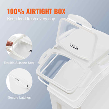 White 100% airtight food storage container with double silicone seal and secure latches for freshness.