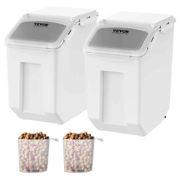 White pet food storage containers with clear lids, featuring airtight seals and measuring cups.