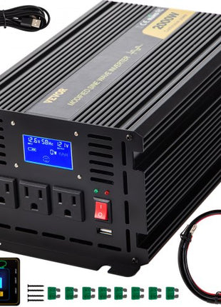 Power Inverter, 2000W Modified Sine Wave Inverter, DC 12V to AC 120V Car Converter, with LCD Display, Remote Controller, LED Indicator, AC Outlets Inverter for Truck RV Car Boat Travel Camping
