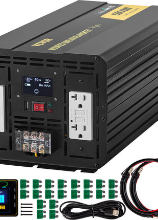 Energy Converter, 5000W Modified Wave Transformer, 12V DC to 110V AC Vehicle Adapter, featuring LCD Screen, Remote Control, LED Light, and GFCI Sockets for RVs, Trucks, Boats, and Outdoor Adv