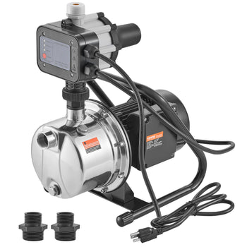 Stainless steel water pump with a digital display, black motor, and included pipe fittings for efficient water transfer.