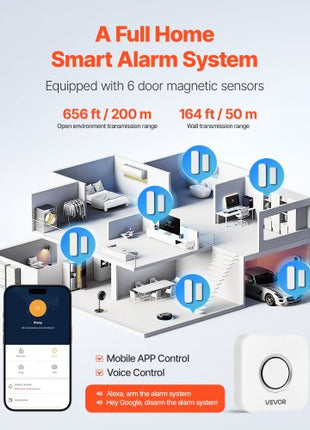 Door Chime, DC 12V, Wireless Door Open Contact Sensor Alarm Chime with 656 ft Range, Remote Control with App, Doors Ringer Alert for Business, Store, Home, Office (6 Sensors + 1 Receiver)