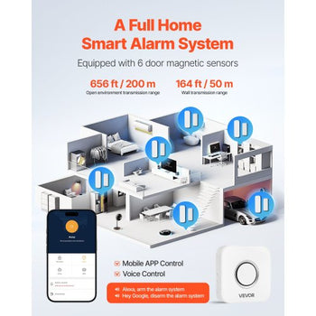 Door Chime, DC 12V, Wireless Door Open Contact Sensor Alarm Chime with 656 ft Range, Remote Control with App, Doors Ringer Alert for Business, Store, Home, Office (6 Sensors + 1 Receiver)
